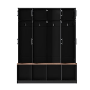 English Elm Farmhouse Hall Tree with Triple Arch Back Panel Eight Hooks Drawers and Entryway Bench Black N721S000059B-1