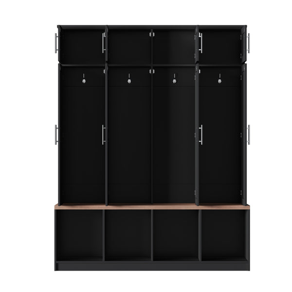 English Elm Farmhouse Hall Tree with Triple Arch Back Panel Eight Hooks Drawers and Entryway Bench Black N721S000059B-1