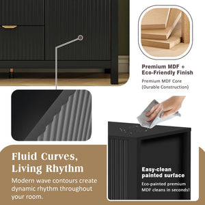 English Elm U_Style Modern Wave-Front Sideboard - 3 Adjustable Shelves & Soft-Close Drawers For Stylish Storage N711P269066B-GIGA