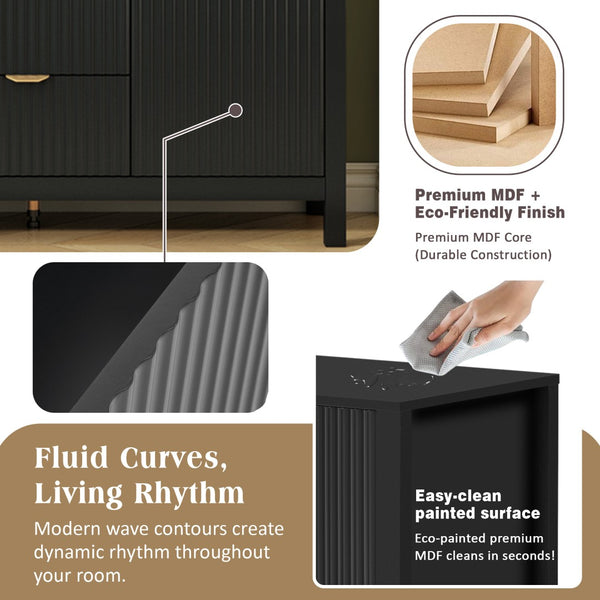 English Elm U_Style Modern Wave-Front Sideboard - 3 Adjustable Shelves & Soft-Close Drawers For Stylish Storage N711P269066B-GIGA