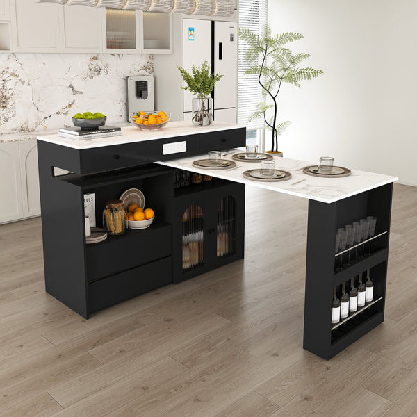 English Elm Kitchen Island Dining Set Marble Veneer Rotating Top Solid Wood Chairs Retro Modern White W2700S00120