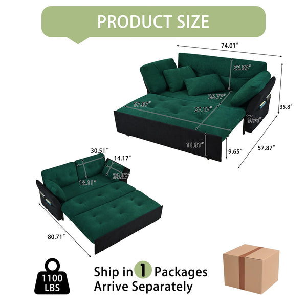 English Elm Convertible Pull Out Sofa Bed Queen Size with Steel Frame, Dual Armrests, Chenille Sleeper Couch with Storage and Casters Black+Green W3163P269679