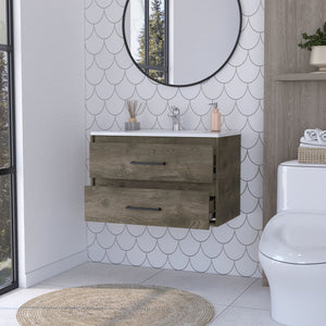 English Elm Maine Wall-Mounted Bathroom Vanity with 2 Spacious Drawers, Multicolor Particleboard, Space-Saving Design B128S00077