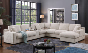 English Elm Chiara Chenille Sectional Sofa with Chaise Cupholders Usb Charging Ports Living Room Beige B2749S00237