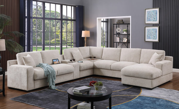 English Elm Chiara Chenille Sectional Sofa with Chaise Cupholders Usb Charging Ports Living Room Beige B2749S00237