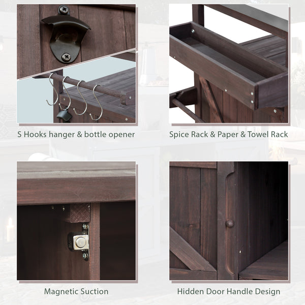 English Elm K&K Outdoor Kitchen Island Rolling Bar Cart with 1.2" Stainless Steel Top, Ample Storage, Wheels and Spice Rack Dark Brown WF532198AAZ