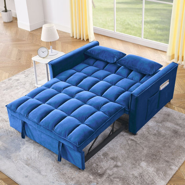 English Elm Sleeper Velvet Convertible Sofa Bed 3-in-1 Recliner 2-Seater Sectional with Pillows & Side Pockets Blue W1853P255671