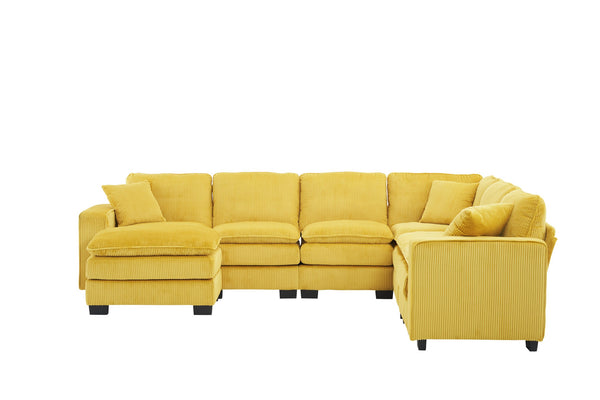 English Elm Modern U Shaped 6-Seat Sectional Sofa with Ottoman and 3 Toss Pillows, Corduroy Modular Comfort and Durable Frame Yellow W2363S00040