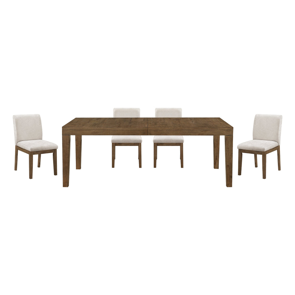 English Elm Brown French Oak Veneer Extendable Dining Set with Upholstered Chairs for Five B011S02333