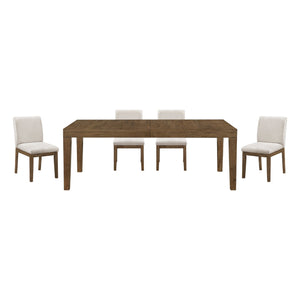 English Elm Brown French Oak Veneer Extendable Dining Set with Upholstered Chairs for Five B011S02333