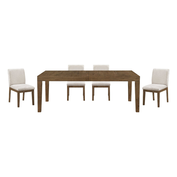 English Elm Brown French Oak Veneer Extendable Dining Set with Upholstered Chairs for Five B011S02333