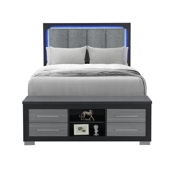 English Elm Elsa Queen Platform Bed with Led Headboard Bookcase Rails and Under Frame Storage B201S00497