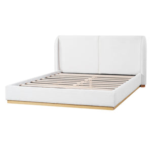 English Elm Modern Bouclé Upholstered Queen Bed Sculptural Winged Headboard Enclosed Wood Base N769Q376582W