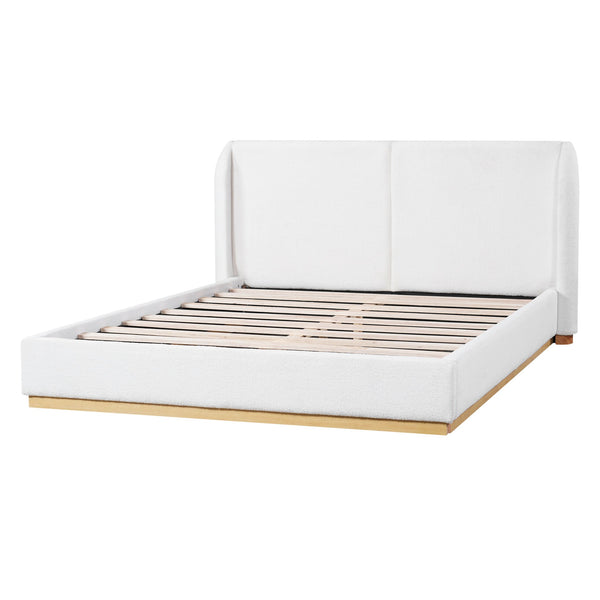English Elm Modern Bouclé Upholstered Queen Bed Sculptural Winged Headboard Enclosed Wood Base N769Q376582W
