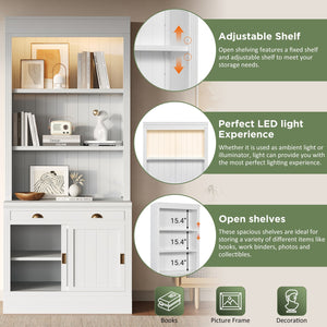 English Elm 83.4"Tall White Bookshelf Suite With Led Lighting, Sliding Doors & Drawers For Stylish Storage Solutions N751S059620K