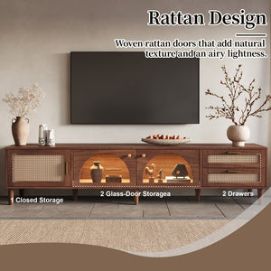 English Elm 86 Inch Rattan Media Console with Led Lighting Two Drawers Modern Living Room Tv Stand N710P438977P