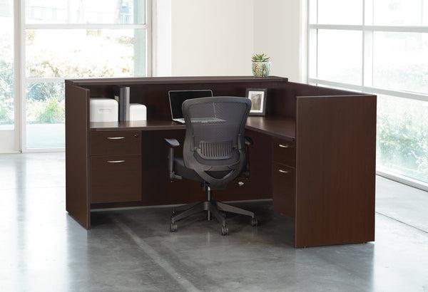 OSP Home Furnishings Napa Reception Station Commercial Grade Front Desk with Integrated Storage for Lobbies Espresso NAPESP-TYP19