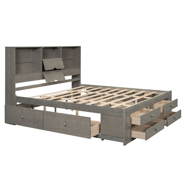 English Elm King Platform Bed with 8 Drawers Open Headboard Compartments and Pine Wood Frame Gray GX000454AAE-1