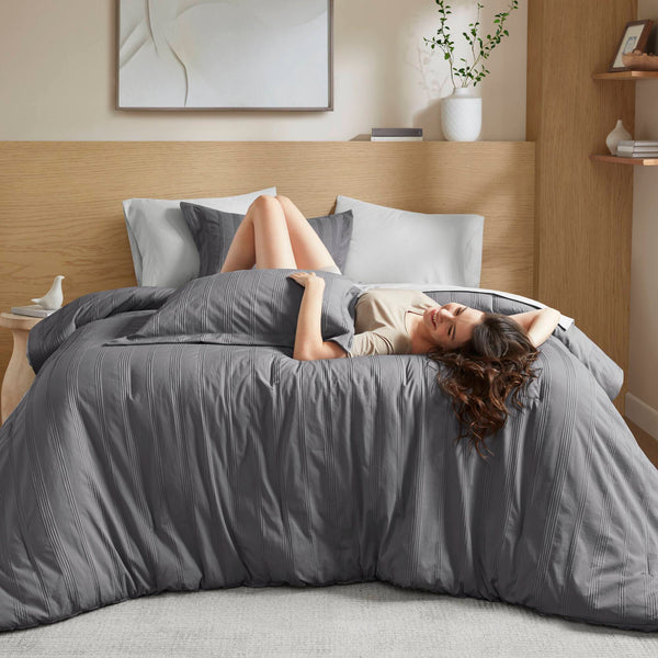 JLA Home Super Listing - Woven Logan minimalist striped comforter set with ultra-soft microfiber, breathable 200gsm fill, Oeko-Tex certified Charcoal AM10-0560