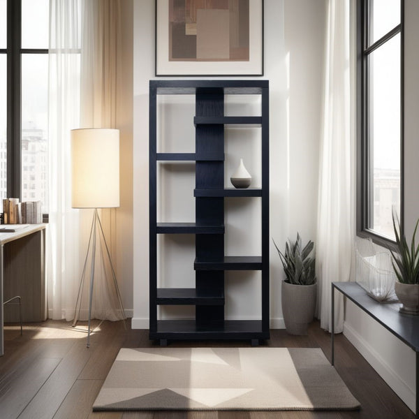 English Elm Laurel Canyon 80" Bookcase — Oak solids & veneers, six alternating shelves, rustic-modern display piece ready Black B108P292284