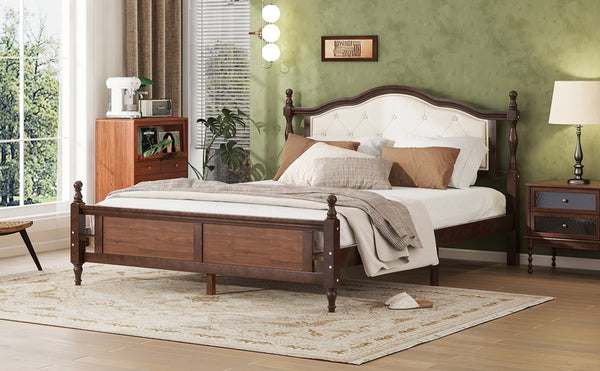 English Elm Queen Pine Upholstered Headboard Bed in Walnut — Modern Minimalist Queen Platform with Dual Support Feet, Space-Saving Design W504P268435