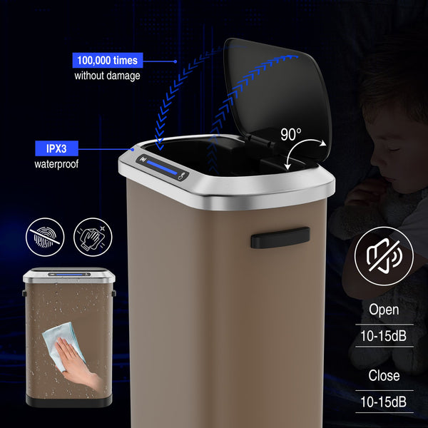 English Elm 50L Smart automatic Trash Can with Silent Slow-Close Lid, Motion Sensor, Durable 0.45mm Steel Body Brown W1550P247980