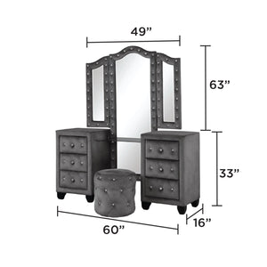 English Elm Modern Sophia Vanity 6-Drawer Set in Gray Velvet with Crystal Pulls, Mirror & Plush Stool for Glamorous Storage and Style 733569202201