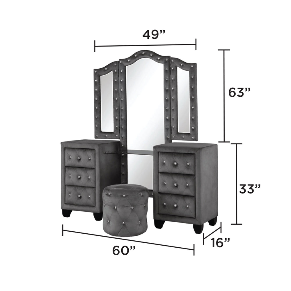 English Elm Modern Sophia Vanity Gray 6-Drawer Set with Mirror & Velvet Stool, Crystal Handles, Modern Glam Bedroom Storage Elegance B009S01685