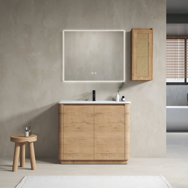 English Elm 40'' Freestanding Bathroom Vanity With Ceramic Sink, Soft-Close Doors & Side Cabinet For Stylish Storage W999S00404