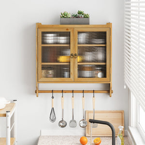 English Elm 24.8''Glass Vintage Double Door Wall Cabinet with 3-Tier Solid Wood Storage, Towel Rack, Natural W757P170145