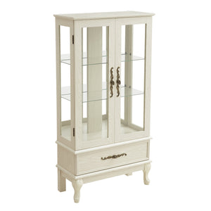 English Elm Curio Lighted Glass Display Cabinet with Adjustable Shelves, Vintage Drawer & Carved Metal Handle, Dark Finish Antique White W2275P199815