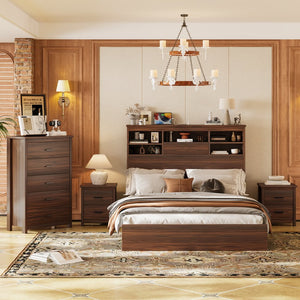 English Elm 4PCS Queen Bedroom Set with Storage Headboard & Built‑In Charging Station, 2 Nightstands, Dresser Walnut 54.25 L x 18.75 W x 9.25 H N733S307937W
