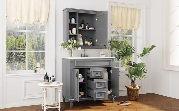 English Elm 36'' Bathroom Vanity with Sink and Mirror Cabinet, Modern MDF & Solid Wood Design, Ceramic Top, Soft-Close Doors Grey SW000115AAE-1