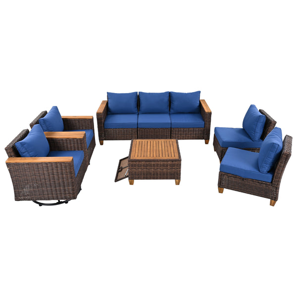 English Elm K&K 8-Piece Wicker Patio Set with 360° Swivel Rockers, Acacia Storage Table, Durable Cushions Blue+Brown N707S000016E