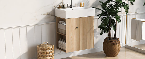 English Elm 21.6 Modern Floating Bathroom Vanity with Ceramic Basin, Wave Door, Rose Gold Handle, Space-Saving Wood N729P170390D