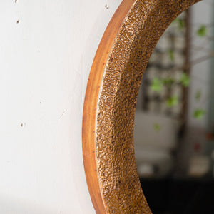 English Elm 31.3" Gold Iron Round Mirror Ribbed Texture Rivets Bohemian Accent for Bedroom W3158P407138