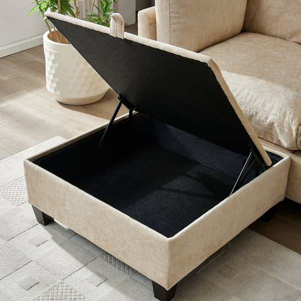 English Elm 96.5" L-shaped Chenille Sectional with Storage Ottoman Eucalyptus Frame Living Room Light Coffee W1097S00281
