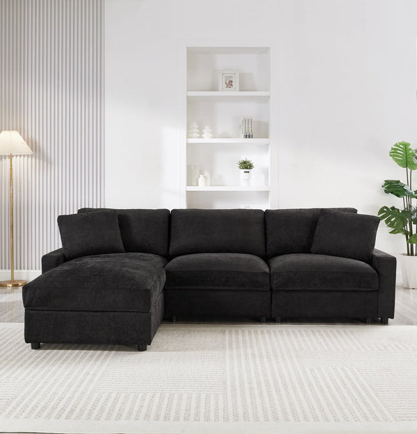 English Elm 103.54" L-shaped Modular Sectional with Ottoman Storage Polyester Cloud Sofa Black W1669S00052