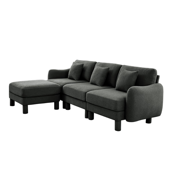 English Elm Boucle Fabric Convertible L-Shaped Sectional Sofa With Shell Armrests & Removable Ottoman, Dark Grey W3041S00301