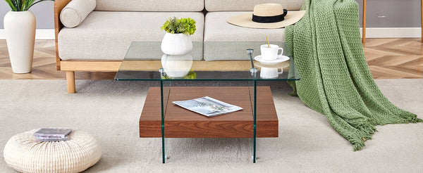 English Elm 31.4 Modern Two-Tier Square Coffee Table with Tempered Glass Top & Walnut Shelf — Stylish Storage W1512P407505