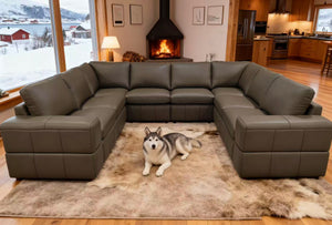 English Elm Large Square Arm Leather Match Modular Sectional for Spacious Living Rooms Olive Green B2748S00146