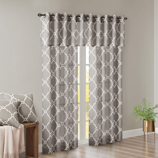 JLA Home Madison Park - Fretwork metallic fret pattern curtain panel with cotton-blend basket weave and gunmetal grommets for soft light filtration and modern texture Grey/White MP40-2018
