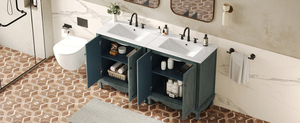 English Elm Christopher Knight Home® - 60" Retro Double Sink Bathroom Vanity Set with Soft-Close Doors, Adjustable Shelves, Rubberwood Legs Antique blue green,Teal N817P245317B