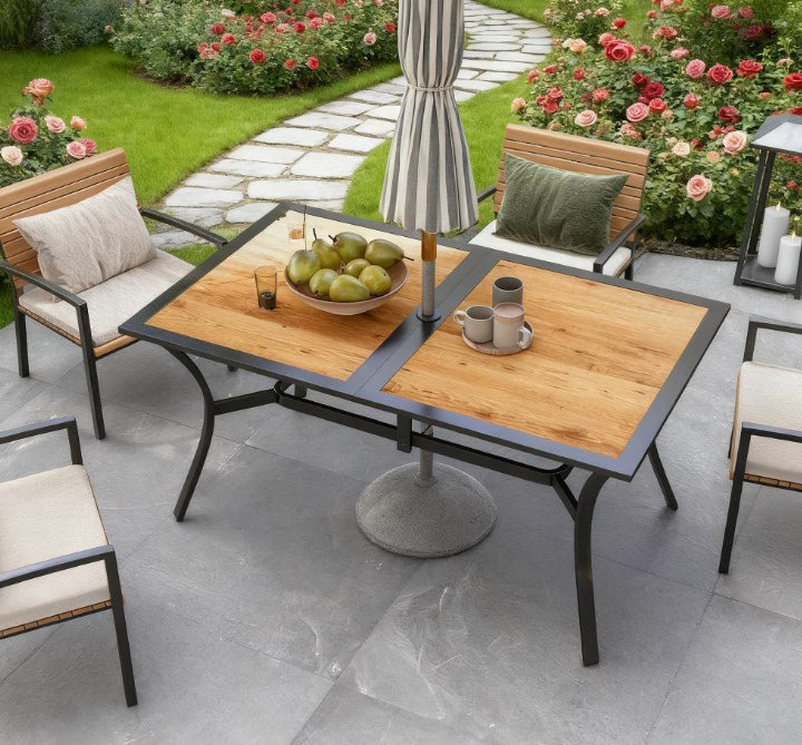English Elm Stable Faux Wood Slatted Patio Dining Table Seats Six with Umbrella Hole T3971P428205