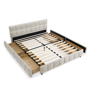 English Elm Queen Chenille Upholstered Platform Bed with Storage Drawers and Padded Headboard Beige W487P235287
