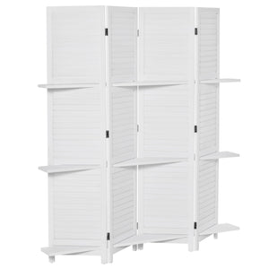 English Elm HOMCOM 4-Panel 67" Wood Privacy Screen Room Divider with 3 Removable Shelves, Folding White Decor W2225P200779