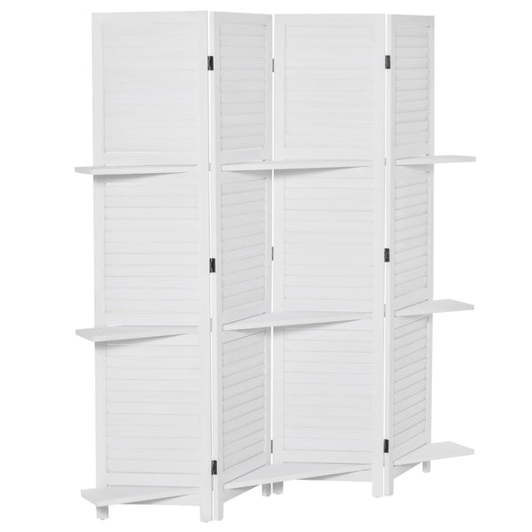 English Elm HOMCOM 4-Panel 67" Wood Privacy Screen Room Divider with 3 Removable Shelves, Folding White Decor W2225P200779