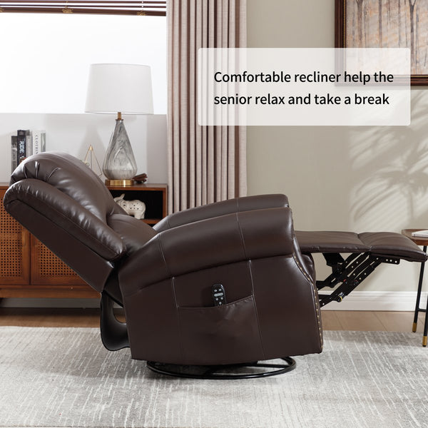English Elm Heat Massage Rocker Swivel Recliner Chair with Lumbar Relief Nodes for Living Room Brown W3224S00031