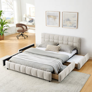 English Elm Queen Chenille Upholstered Platform Bed with Storage Drawers and Padded Headboard Beige W487P235287