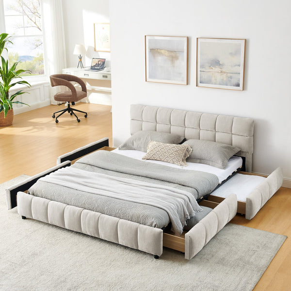 English Elm Queen Chenille Upholstered Platform Bed with Storage Drawers and Padded Headboard Beige W487P235287
